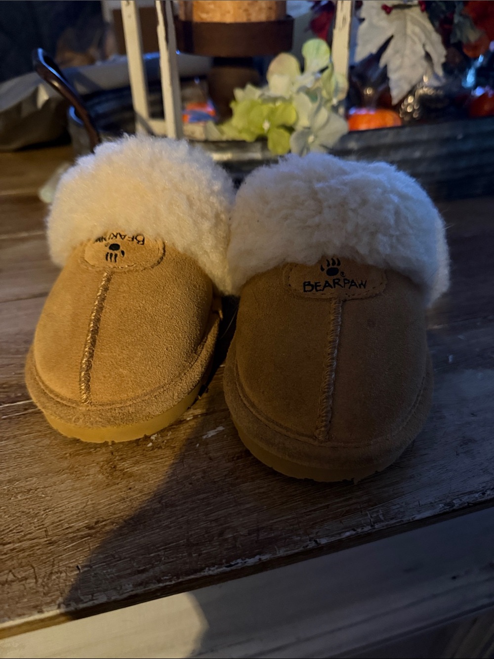 BearPaw Chestnut Brown Suede Slippers with Faux Sherlin lining